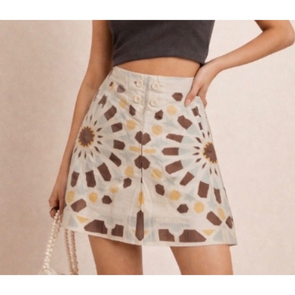 Anthro Ellevenses Isabella Pleated Twee Skirt Size 6 Beige Brown Blue Button
